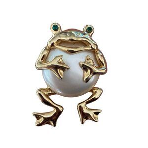 Frog Brooch Faux Pearl Belly Green Rhinestone Eyes Gold Tone 1.5” Pin